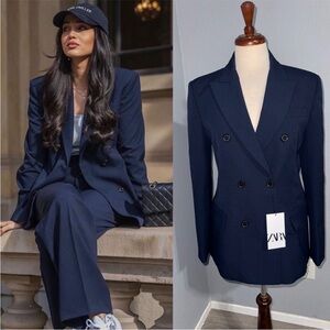 NWOT Zara women's navy blue double breasted tailored blazer XS bloggers favorite